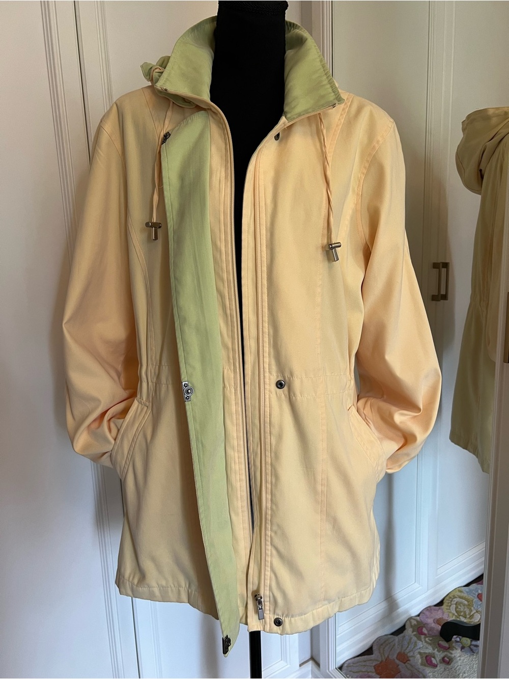 London Fog Pale Yellow Hooded Raincoat with Light Green Lining